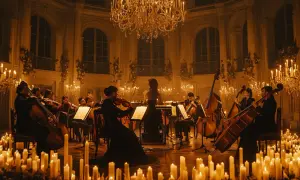 Orkiestra smyczkowa gra w blasku świec. Nastrojowy ludovico einaudi koncert w eleganckiej sali.