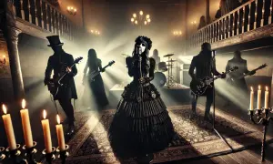Zespół goth w mrocznym, teatralnym wnętrzu, z wokalistką w koronkowej sukni i muzykami grającymi na gitarach.
