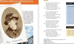 Maria Konopnicka, autorka "Roty", w stroju z epoki. Tekst pieśni patriotycznej.