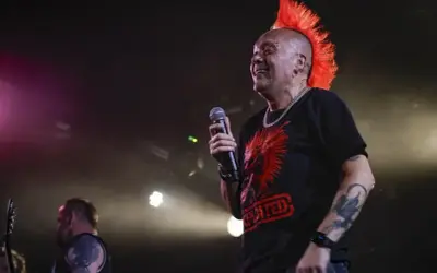 Wokalista punk rockowy z irokezem śmieje się do mikrofonu. Na koszulce ma czerwony nadruk.