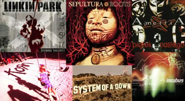 Kolaż okładek płyt Linkin Park, Sepultury, Amenrii, Korn, System of a Down i Incubus – klasyki nu metalu.