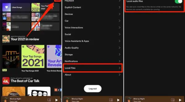 Ekran telefonu z aplikacją Spotify, pokazujący ustawienia i opcję "Pliki lokalne".