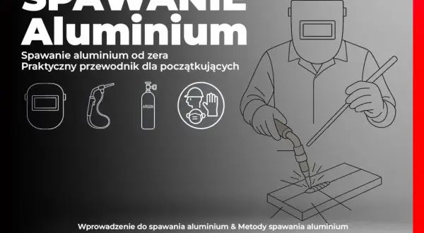Ilustracja przedstawia spawacza w masce ochronnej, pracującego z palnikiem. Obok widnieje sprzęt do spawania, w tym butla z argonem. To przewodnik po spawaniu aluminium, technice wymagającej precyzji, jak w **heavy metal**u.