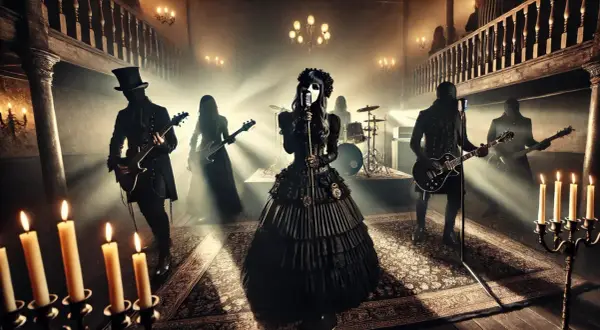 Zespół goth w mrocznym, teatralnym wnętrzu, z wokalistką w koronkowej sukni i muzykami grającymi na gitarach.