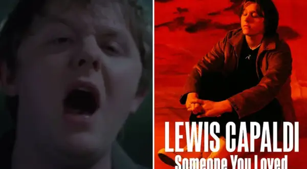 Lewis Capaldi śpiewa "Someone You Loved". Obok okładka singla.