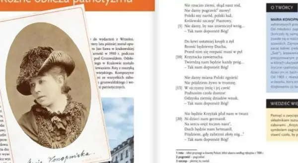 Maria Konopnicka, autorka "Roty", w stroju z epoki. Tekst pieśni patriotycznej.