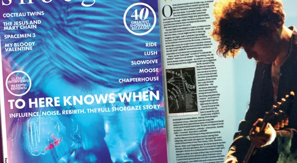 Okładka magazynu o shoegaze z zespołami jak My Bloody Valentine. W tle artysta z burzą włosów.