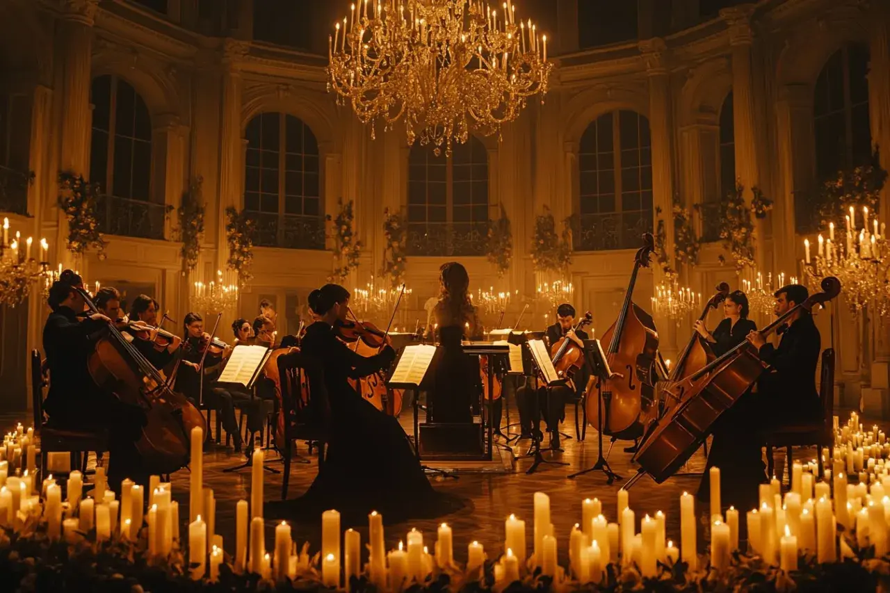 Orkiestra smyczkowa gra w blasku świec. Nastrojowy ludovico einaudi koncert w eleganckiej sali.